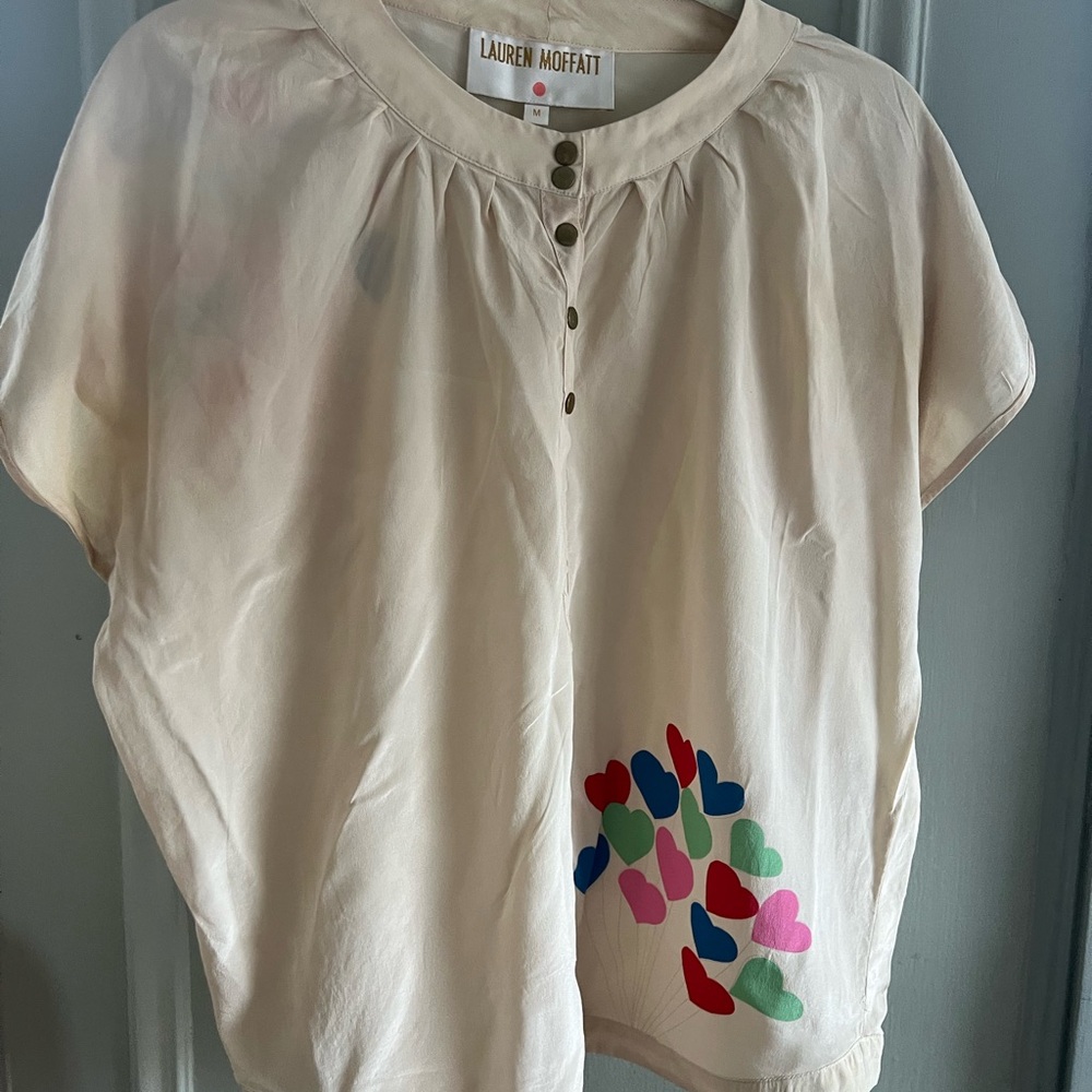 Lauren Moffatt Cream Top with Colorful Heart Detail